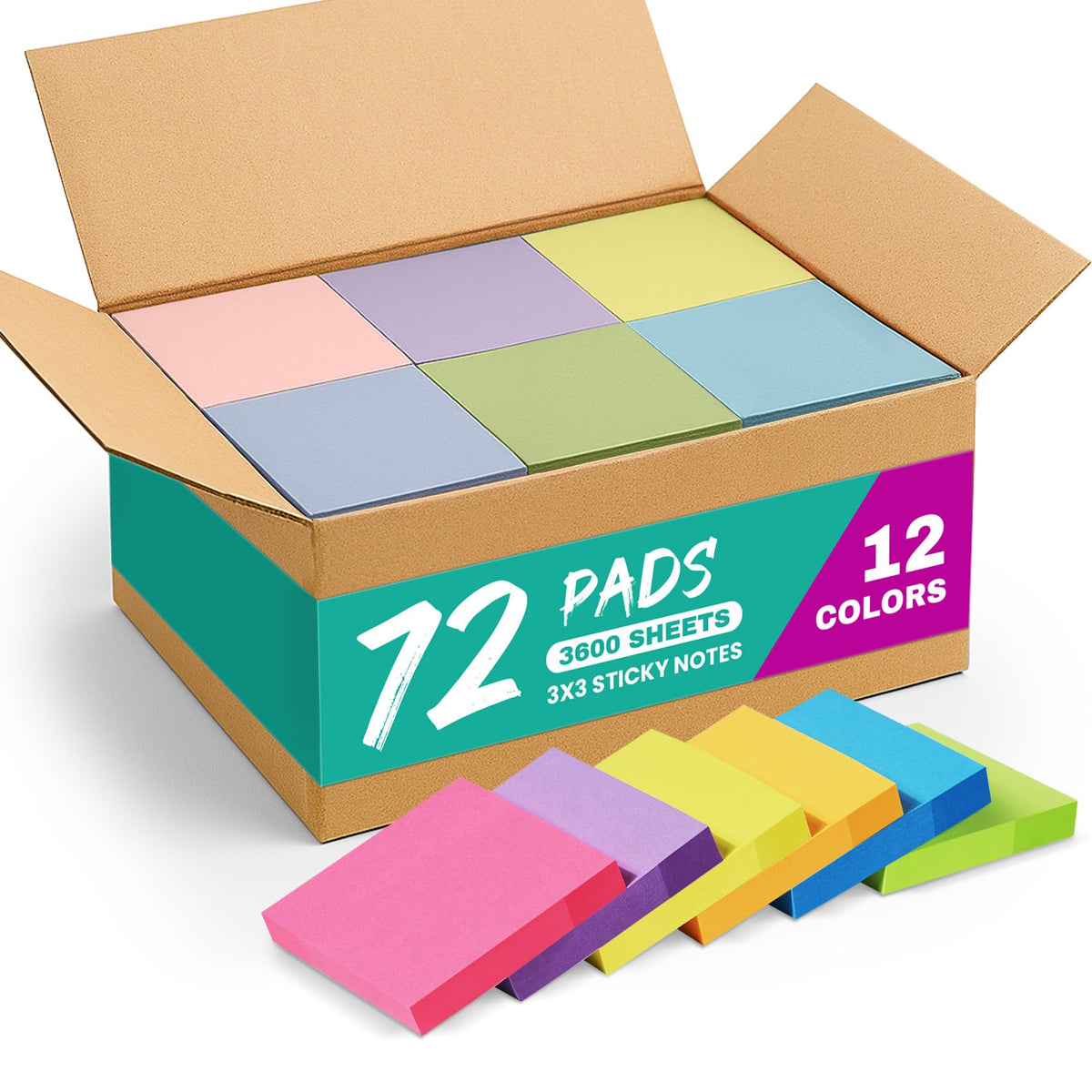 Taja 36 Pads Sticky Notes, 3x3 Inches, 12 Bright Colors, 50 Sheets/Pad