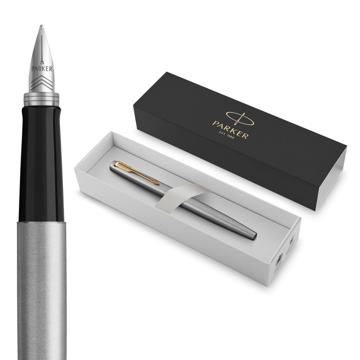 Parker Jotter Fountain Pen, Stainless Steel with Gold Trim, Medium Nib, Blue Ink & Gift Box