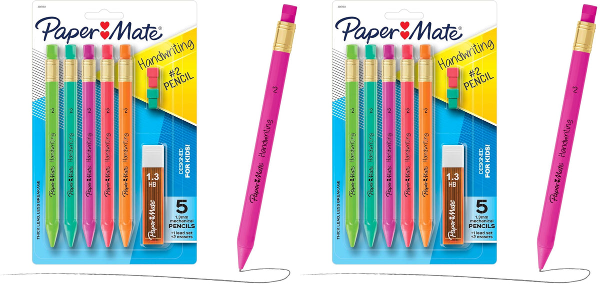 Paper Mate Handwriting Triangular Mechanical Pencils with Lead & Eraser Refills, 1.3mm, Fun Barrel Colors, 5 Count - School Supplies, Kids Writing