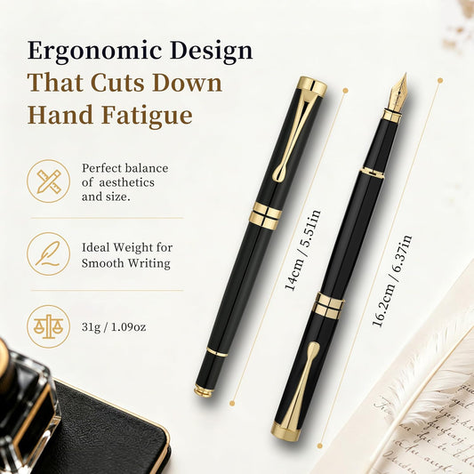MCNTEIK Fountain Pen-Luxury Black and Gold Finish, 18K Gilded Nib(Fine), Smooth Ink Flow, Complete Set with 4*2.6mm Black Cartridges, Converter & Gift Box-Ideal for Professionals, Office, Journaling
