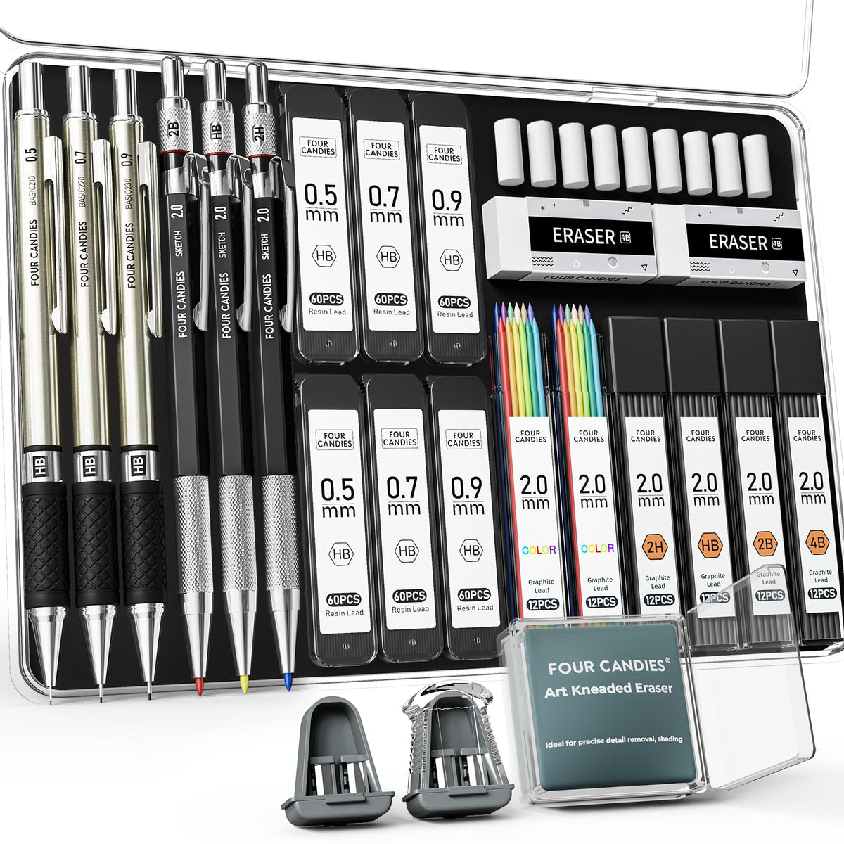 Four Candies 25PCS Mechanical Pencil Set, 0.5, 0.7, 0.9 & 2mm, Storage Case