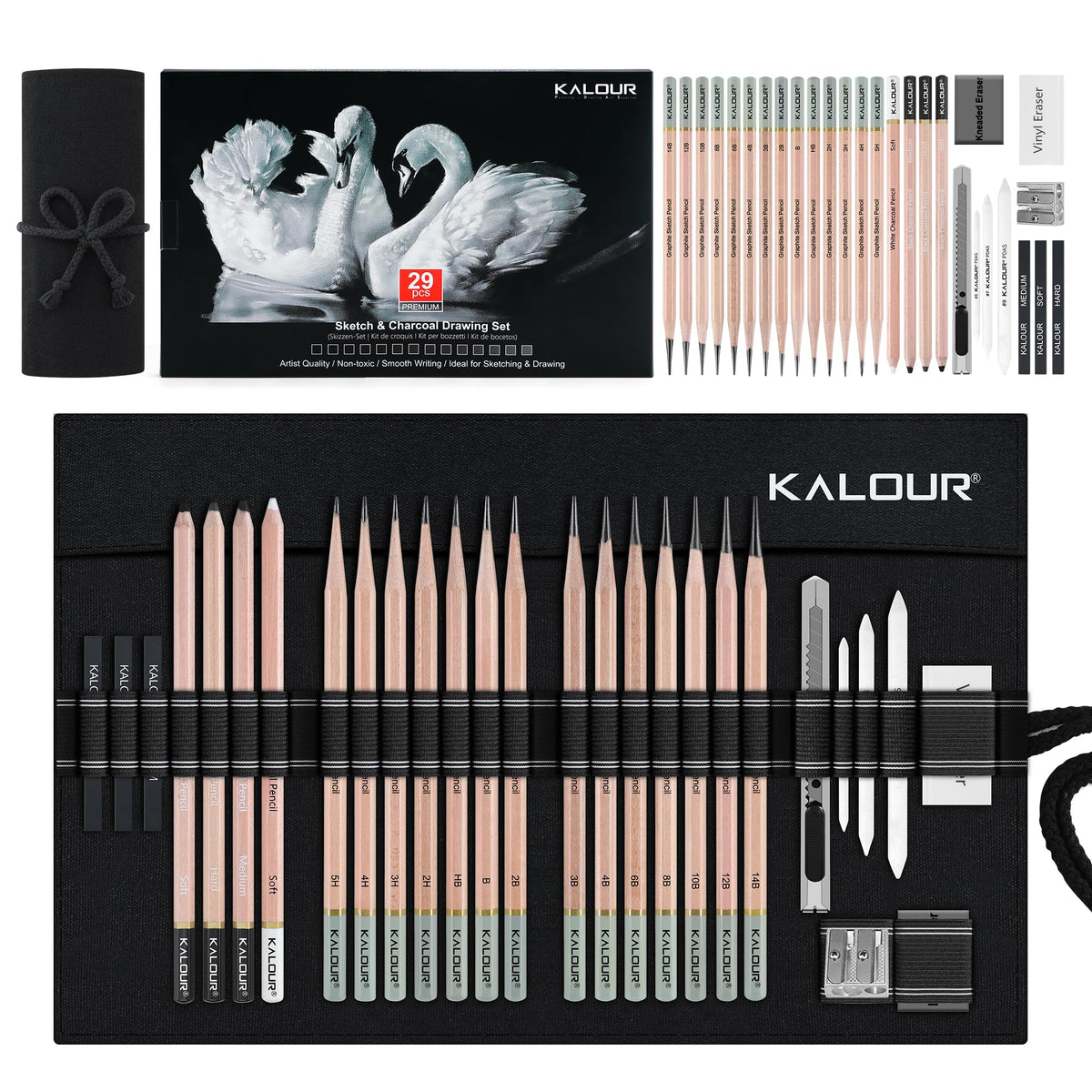 KALOUR 18-Piece Professional Sketch Pencil Set - Includes 5H to 14B Pencils, Vinyl Eraser, Kneaded Eraser,Sharpener and Paper Blending Stump - Ideal for Artists and Beginners