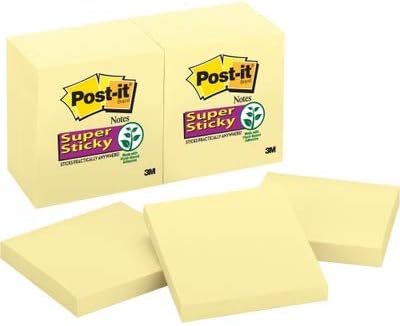 Post-it Super Sticky Notes, 12 Sticky Note Pads, 3 x 3 in., School Supplies, Office Products, Sticky Notes for Vertical Surfaces, Monitors, Walls and Windows, Canary Yellow