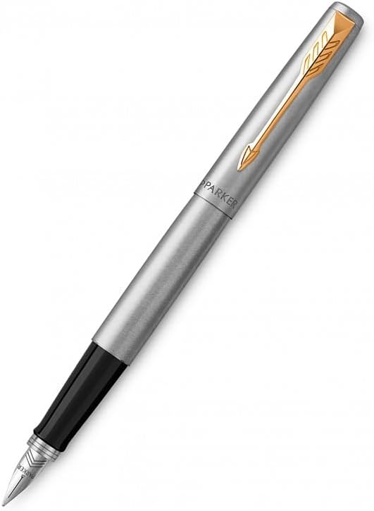 Parker Jotter Fountain Pen, Stainless Steel with Gold Trim, Medium Nib, Blue Ink & Gift Box
