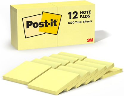 Post-it Notes, 3 x 3 in, The Iconic Canary Yellow Note, 12 Pads
