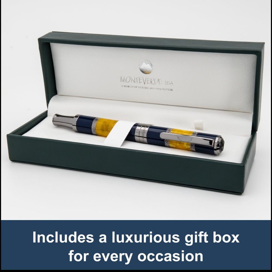 Monteverde USA Regatta Sport Fountain Pen in Blue/Yellow and Carbon Fiber - Flex Nib, Luxury Refillable Pen with Gunmetal Accents, Premium Gift