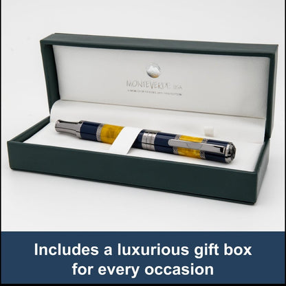 Monteverde USA Regatta Sport Fountain Pen in Blue/Yellow and Carbon Fiber - Flex Nib, Luxury Refillable Pen with Gunmetal Accents, Premium Gift