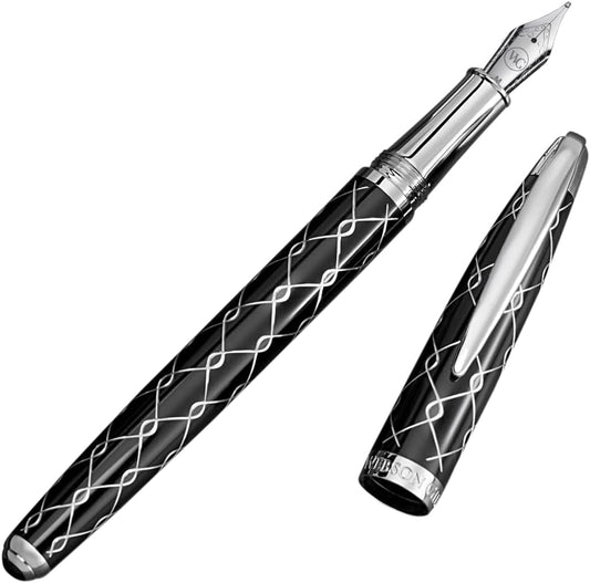 ‘The Weaver’ Black Luxury Executive Fountain Pen, Polished Lacquer and Chrome, Stainless Steel Nib, Easy Refill Ink Piston Converter, Smudge Free, No Bleed, Fits Our Instant Insert Ink Cartridges