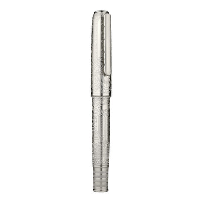 Hongdian 100 Piston Fountain Pen Silver Steel, Iridium Medium Nib Calligraphy Pen, Smooth Writing Pen with Pen Case Set