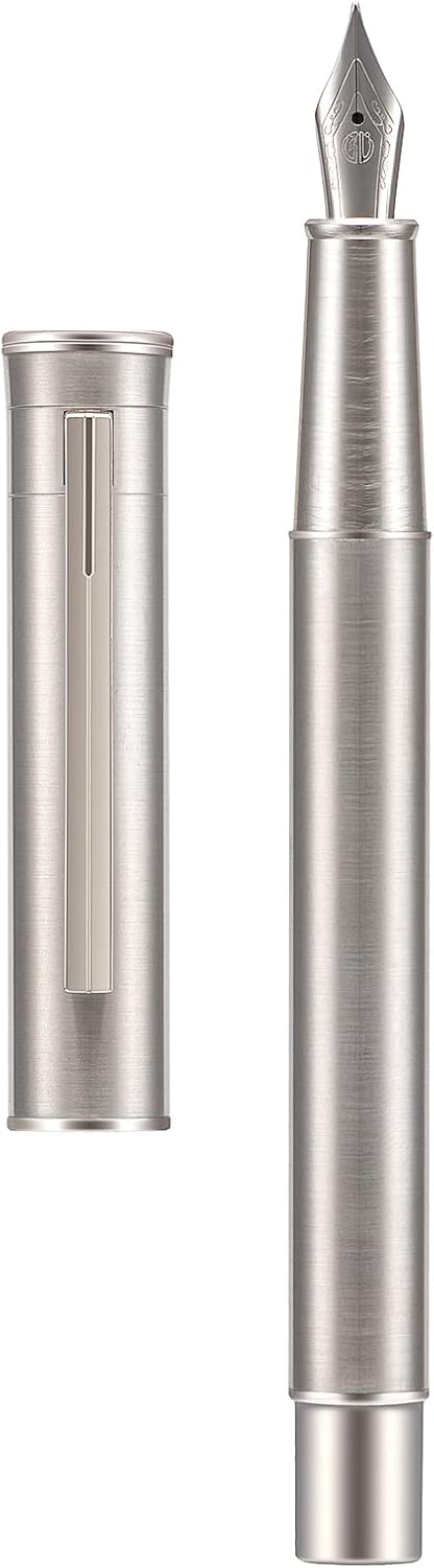 Hongdian 1861 Stainless Steel Fountain Pen Extra Fine Nib, Classic Design Smooth Writing Pen with Converter and Metal Pen Case Set