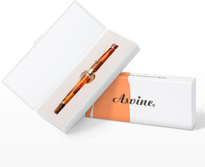 Asvine P20 Piston Fountain Pen Amber Resin, Iridium Extra Fine Nib Gold Trim Smooth Writer Collection with Case Set