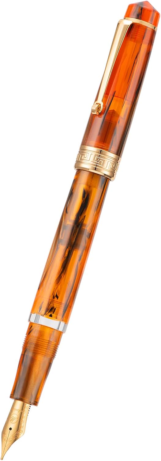 Asvine P20 Piston Fountain Pen Amber Resin, Iridium Extra Fine Nib Gold Trim Smooth Writer Collection with Case Set