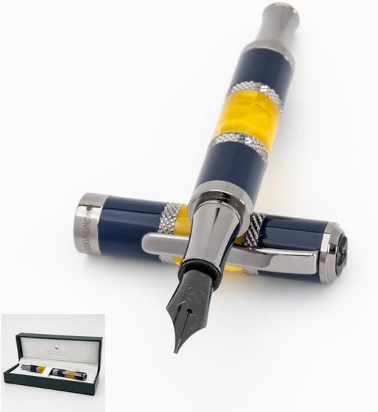Monteverde USA Regatta Sport Fountain Pen in Blue/Yellow and Carbon Fiber - Flex Nib, Luxury Refillable Pen with Gunmetal Accents, Premium Gift