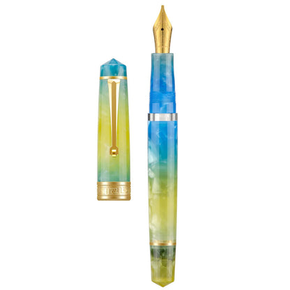 Asvine P20 Piston Fountain Pen Amber Resin, Iridium Extra Fine Nib Gold Trim Smooth Writer Collection with Case Set