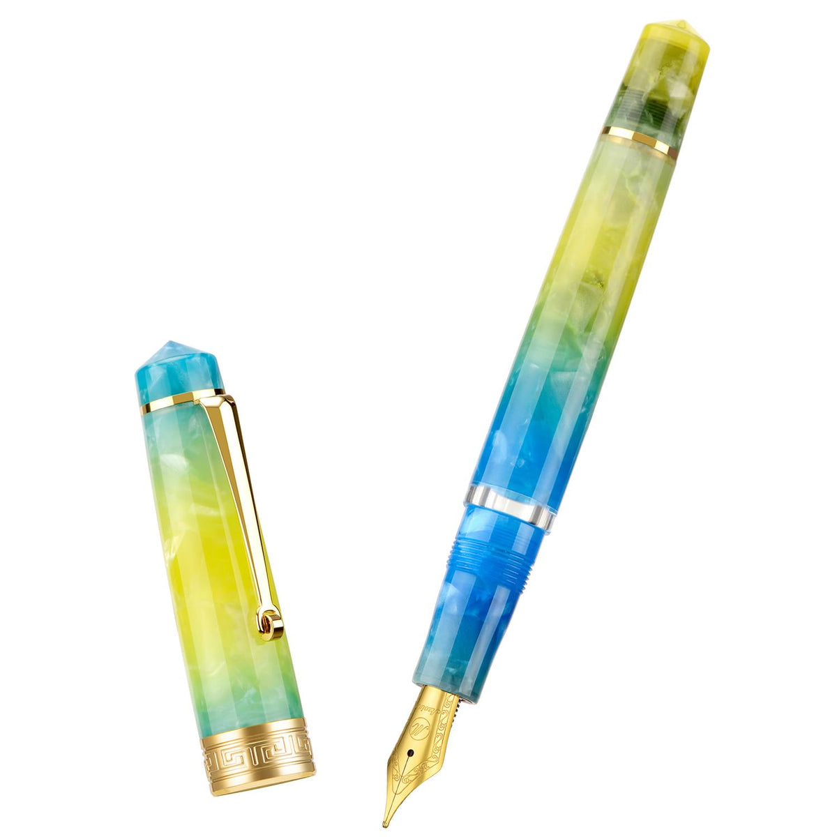 Asvine P20 Piston Fountain Pen Amber Resin, Iridium Extra Fine Nib Gold Trim Smooth Writer Collection with Case Set