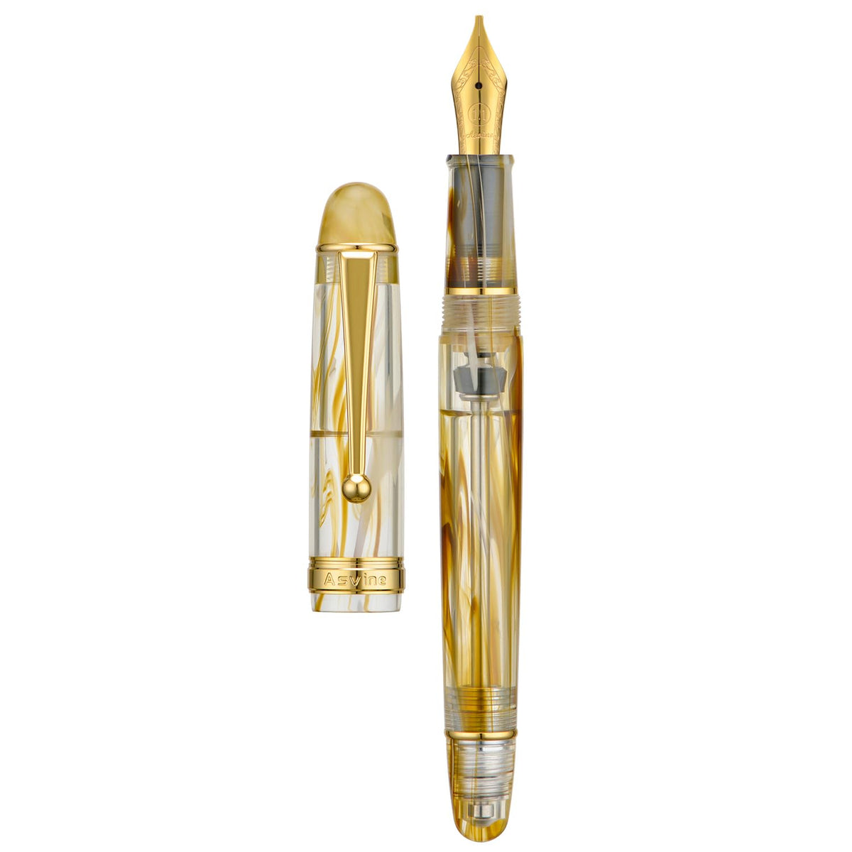 Asvine V126 Vacuum Filling Fountain Pen Fine Point, Brown Swirl Transparent Acrylic Pen Gift Case