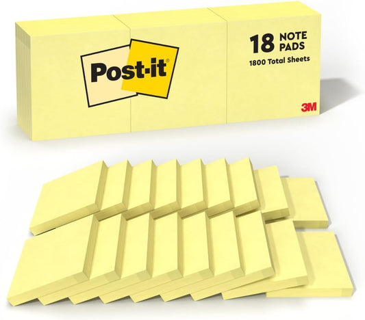 Post-it Notes, 3 x 3 in, The Iconic Canary Yellow Note, 18 Pads