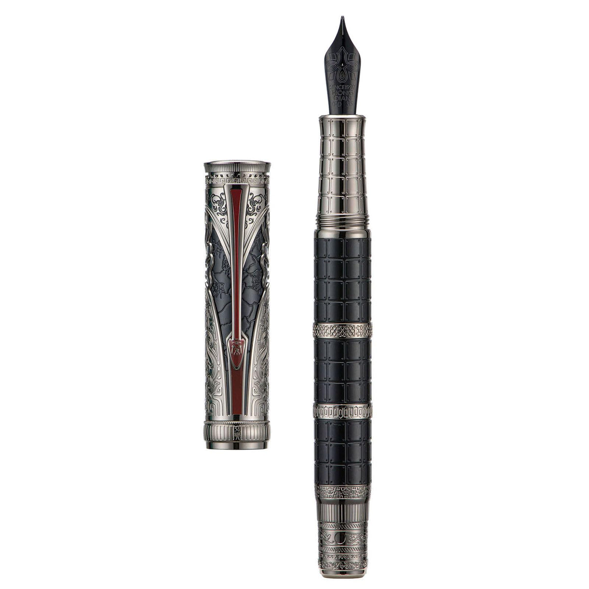 Hongdian D5X Fountain Pen Extra Fine Nib Black Color, Qin Dynasty Retro Chinese Totem Engraving Smooth Writing Pen with Converter and Pen Box Set