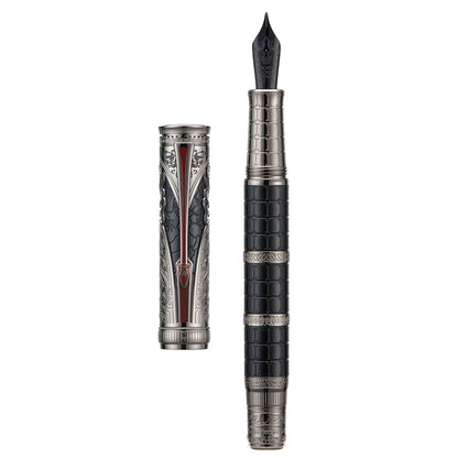 Hongdian D5X Fountain Pen Extra Fine Nib Black Color, Qin Dynasty Retro Chinese Totem Engraving Smooth Writing Pen with Converter and Pen Box Set