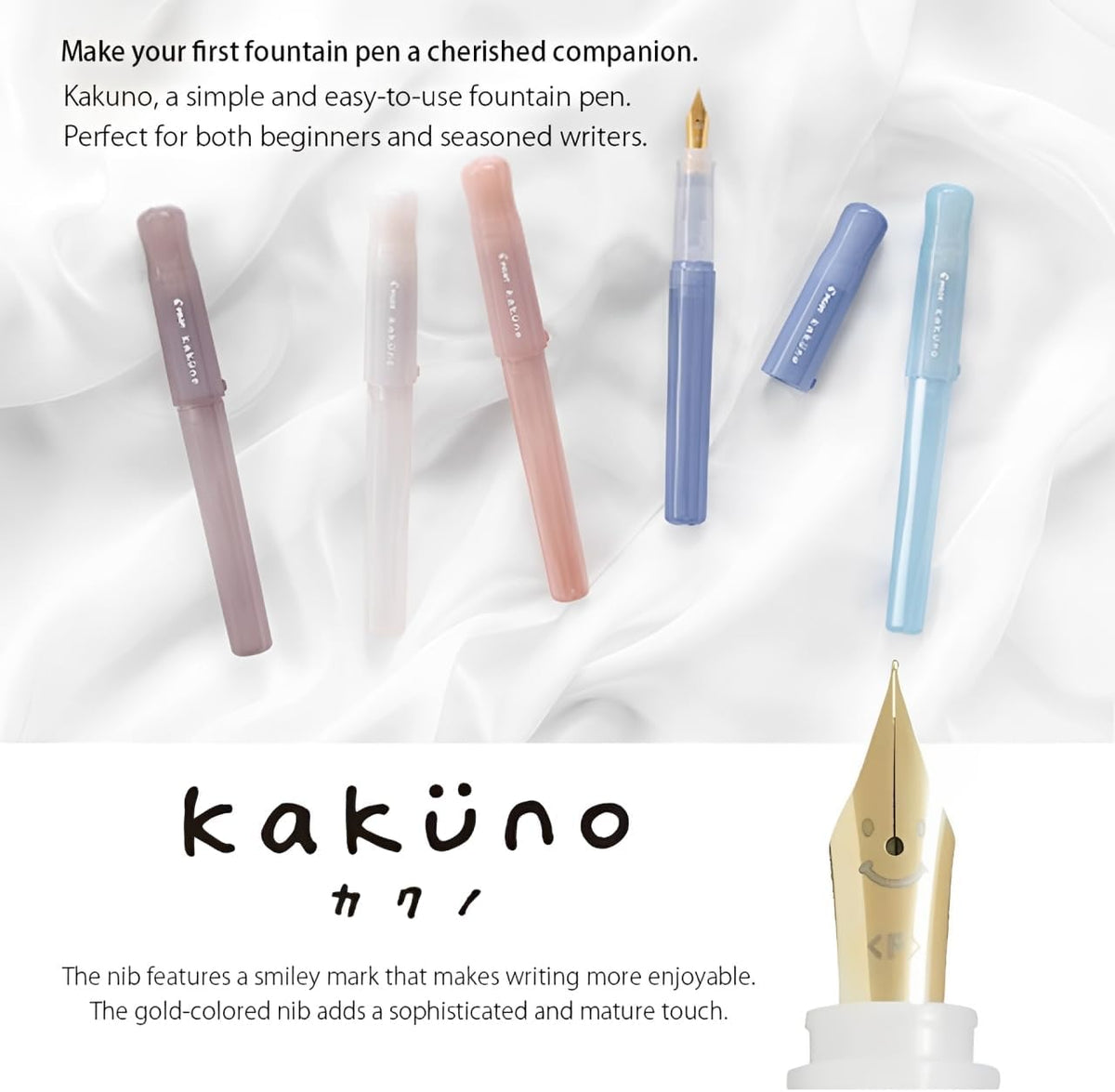 Pilot Kakuno Fountain Pen Madoromi Color Series, Gold (Smiley Face) Medium Nib, Perfect for Beginners and Creative Expression, Blue, PFKA-1MDLM