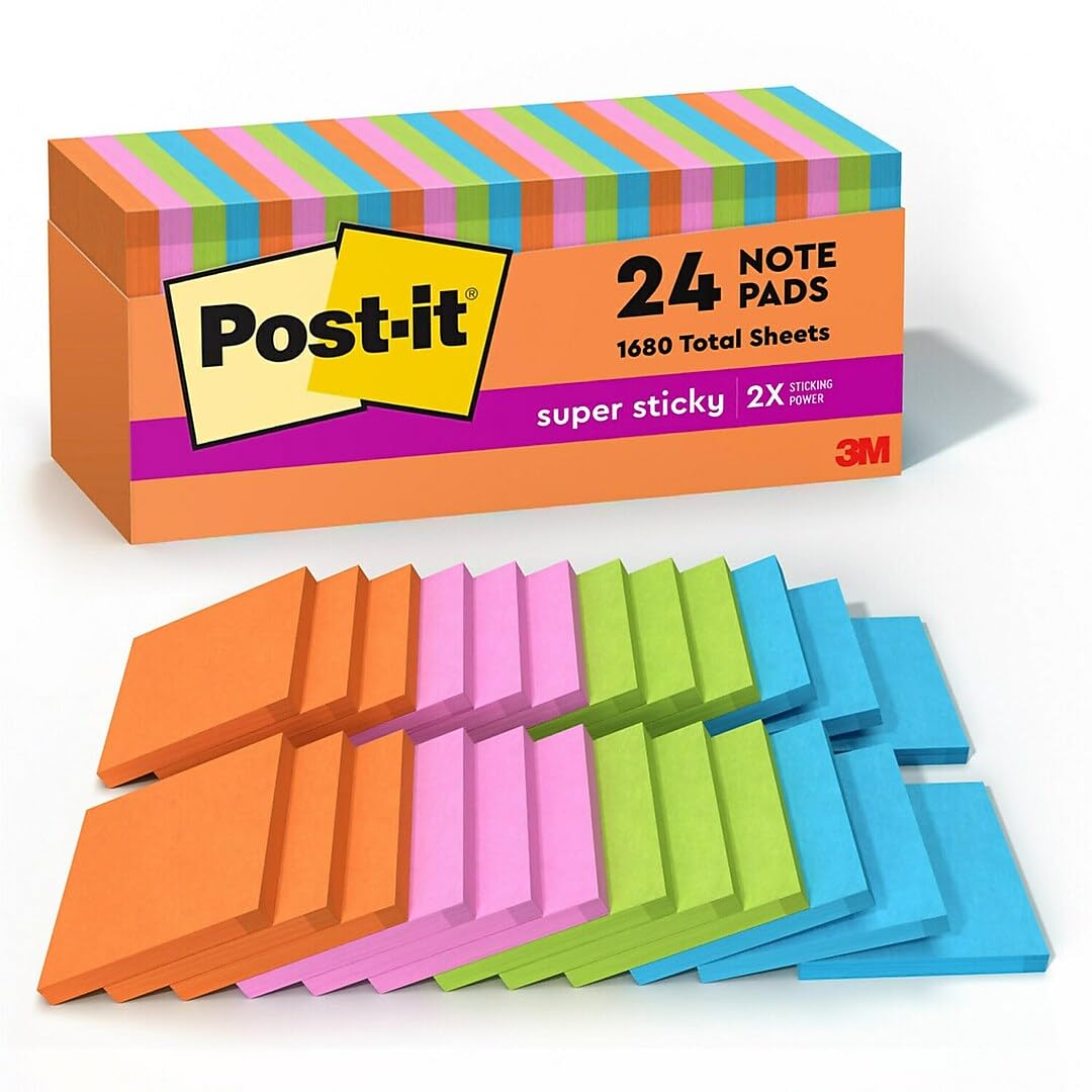Post-it Super Sticky Notes, 3 x 3 in, Neon Fizz, 24 Pads, 70 Sheets/Pad