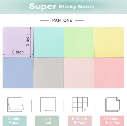 Sticky Notes 3x3 Inch, 8 Pads, Light Colors Self-Adhesive, 80 Sheets/Pad