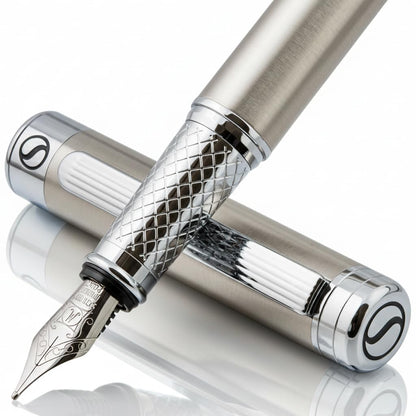 Scriveiner Midnight Blue Fountain Pen - Stunning Luxury Pen with Chrome Appointments, Schmidt Nib (Fine), Best Pen Gift Set for Men & Women, Professional, Executive, Office, Nice Pens