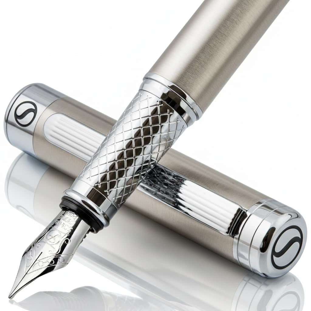 Scriveiner Midnight Blue Fountain Pen - Stunning Luxury Pen with Chrome Appointments, Schmidt Nib (Fine), Best Pen Gift Set for Men & Women, Professional, Executive, Office, Nice Pens