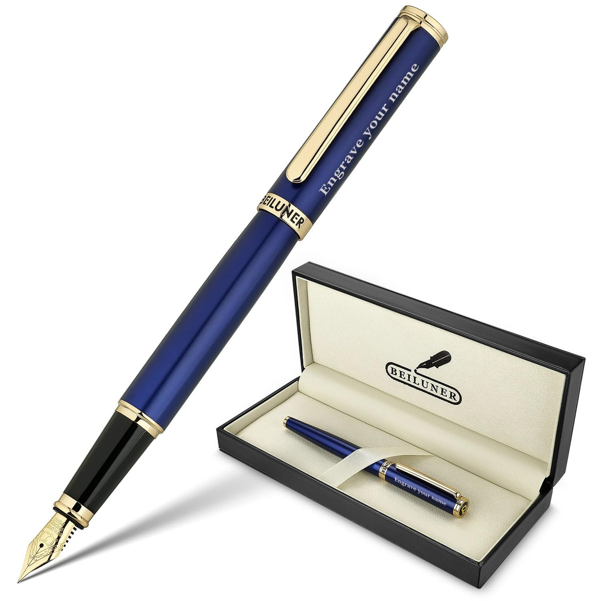 BEILUNER Blue Fountain Pen,Stunning Luxury Pens with 24K Gold Finish, Gorgeous 24K Gilded Nib(Fine), Trustworthy Pen Gift for Men&Women -Ink Converter-Elegant, Graduation,Nice Pen for Writing