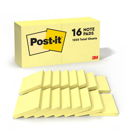 Post-it Notes, 3 x 3 in, The Iconic Canary Yellow Note, 12 Pads