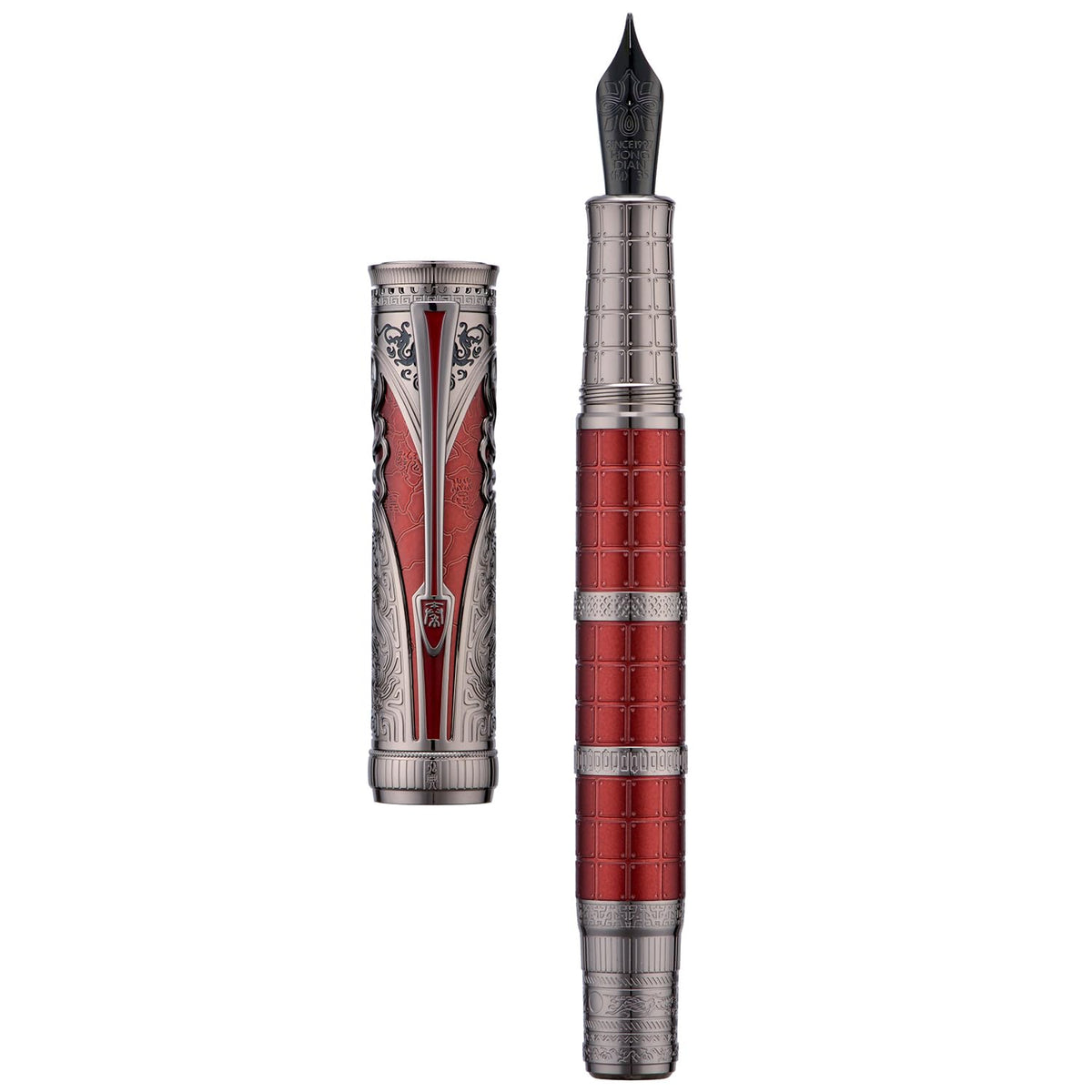 Hongdian D5X Fountain Pen Extra Fine Nib Black Color, Qin Dynasty Retro Chinese Totem Engraving Smooth Writing Pen with Converter and Pen Box Set