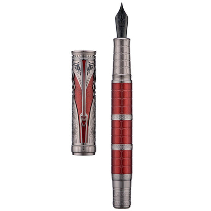 Hongdian D5X Fountain Pen Extra Fine Nib Black Color, Qin Dynasty Retro Chinese Totem Engraving Smooth Writing Pen with Converter and Pen Box Set