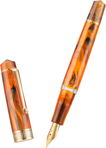 Asvine P20 Piston Fountain Pen Amber Resin, Iridium Extra Fine Nib Gold Trim Smooth Writer Collection with Case Set