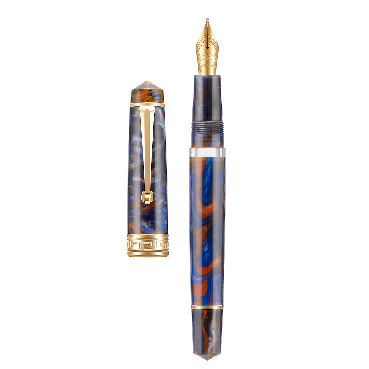 Asvine P20 Piston Fountain Pen Amber Resin, Iridium Extra Fine Nib Gold Trim Smooth Writer Collection with Case Set
