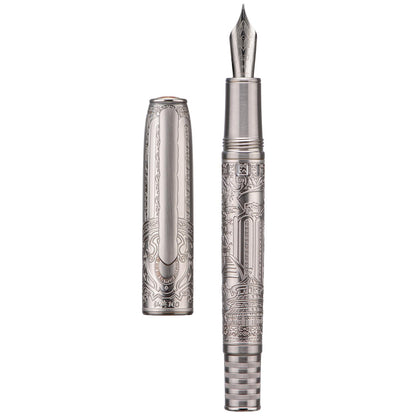 Hongdian 100 Piston Fountain Pen Silver Steel, Iridium Medium Nib Calligraphy Pen, Smooth Writing Pen with Pen Case Set