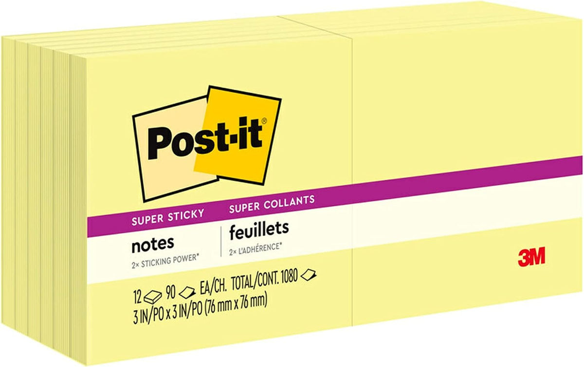 Post-it Super Sticky Notes, 12 Sticky Note Pads, 3 x 3 in., School Supplies, Office Products, Sticky Notes for Vertical Surfaces, Monitors, Walls and Windows, Canary Yellow