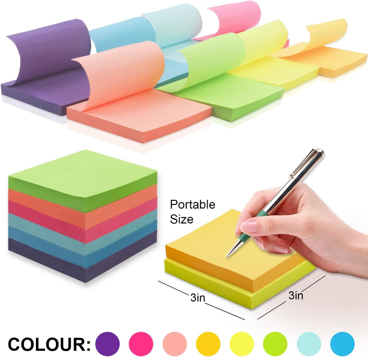 Realzeva Sticky Notes 3x3, Self-Sticky Notes Pad, 8 Pack-100 Sheet/Pad
