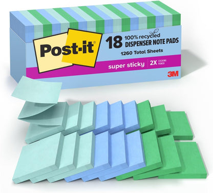Post-it Recycled Super Sticky Pop-Up Notes, 3" x 3", 18 Pads/Pk