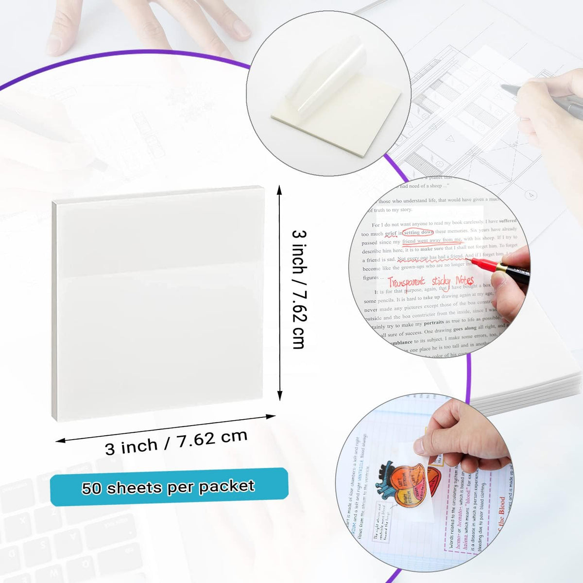 Transparent Sticky Notes - 3x3 inch Clear Sticky Notes Waterproof Self-Adhesive Translucent Sticky Note Pads for Books Annotation, See Through Sticky Note (200 Sheets)