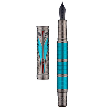 Hongdian D5X Fountain Pen Extra Fine Nib Black Color, Qin Dynasty Retro Chinese Totem Engraving Smooth Writing Pen with Converter and Pen Box Set