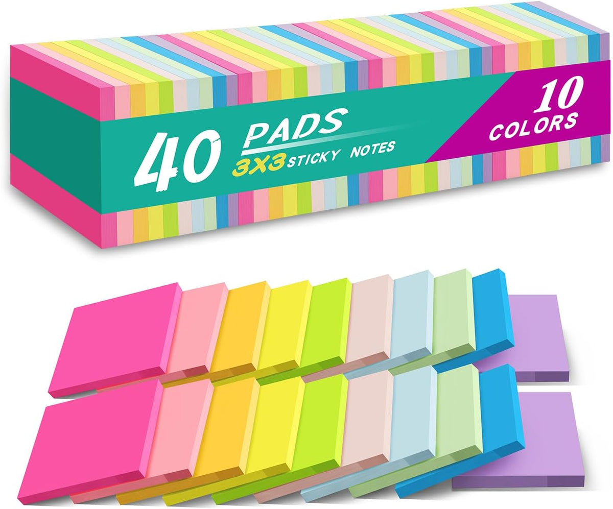 (40 Pads) Sticky Notes 3x3 in,Bright Colors Notepads,Colorful Stickies