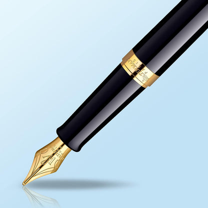 Waterman Hemisphere Fountain Pen Black with Gold Trim Medium Nib Blue Ink Gift Box