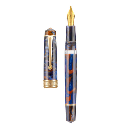 Asvine P20 Piston Fountain Pen Amber Resin, Iridium Extra Fine Nib Gold Trim Smooth Writer Collection with Case Set