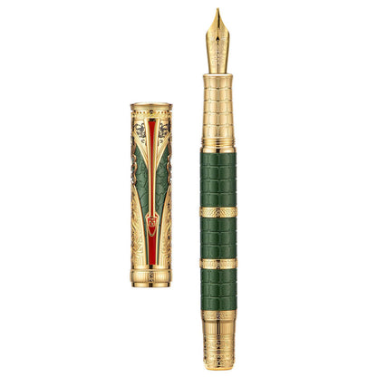 Hongdian D5X Fountain Pen Extra Fine Nib Black Color, Qin Dynasty Retro Chinese Totem Engraving Smooth Writing Pen with Converter and Pen Box Set