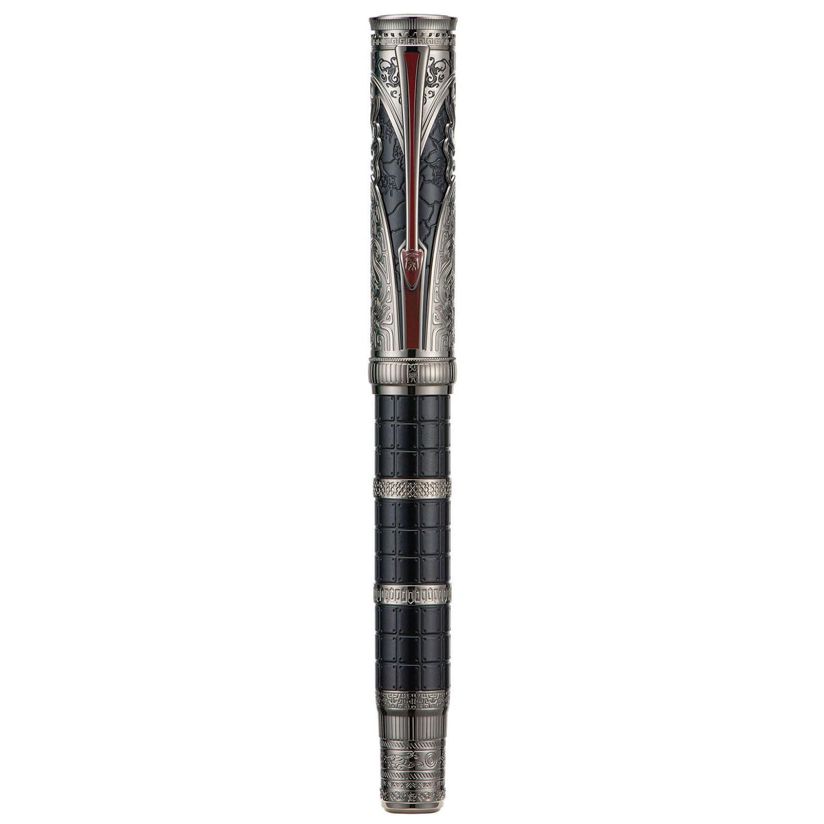 Hongdian D5X Fountain Pen Extra Fine Nib Black Color, Qin Dynasty Retro Chinese Totem Engraving Smooth Writing Pen with Converter and Pen Box Set
