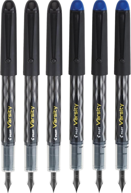 Pilot, Precise Varsity Pre-Filled Fountain Pens, Medium Point 1 mm Stainless Steel Nib, Black/Blue, 6-Pack