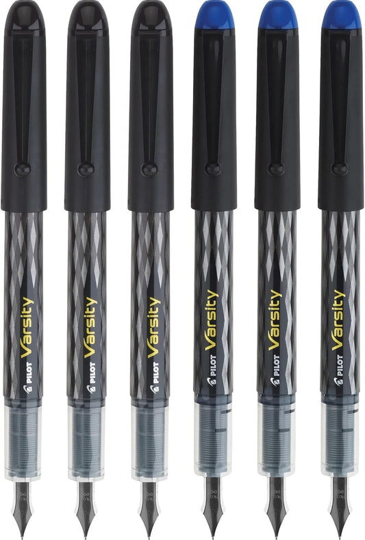 Pilot, Precise Varsity Pre-Filled Fountain Pens, Medium Point 1 mm Stainless Steel Nib, Black/Blue, 6-Pack