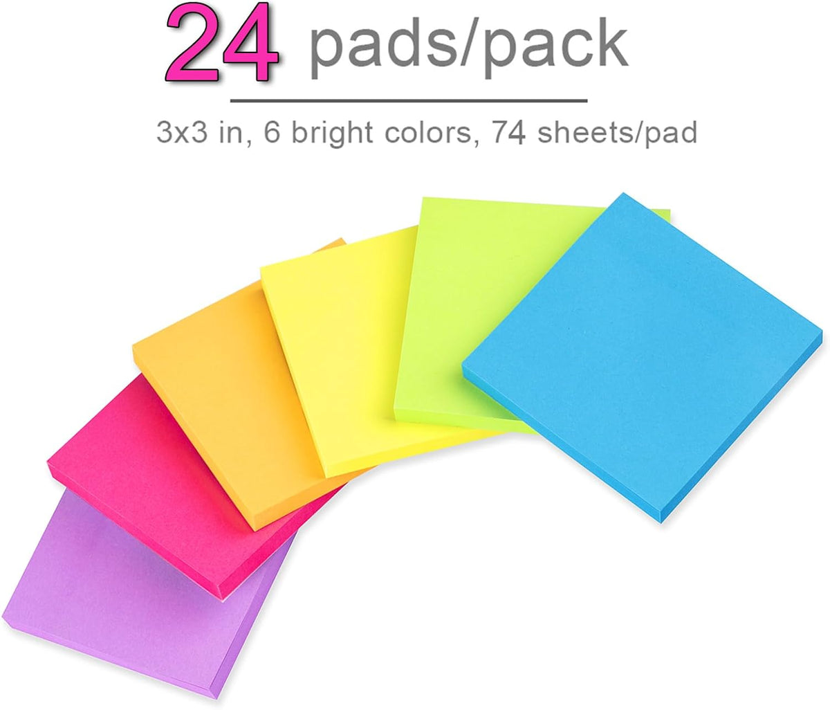 (24 Pack) Sticky Notes 3x3 in Post Bright Stickies Colorful Memo Pads