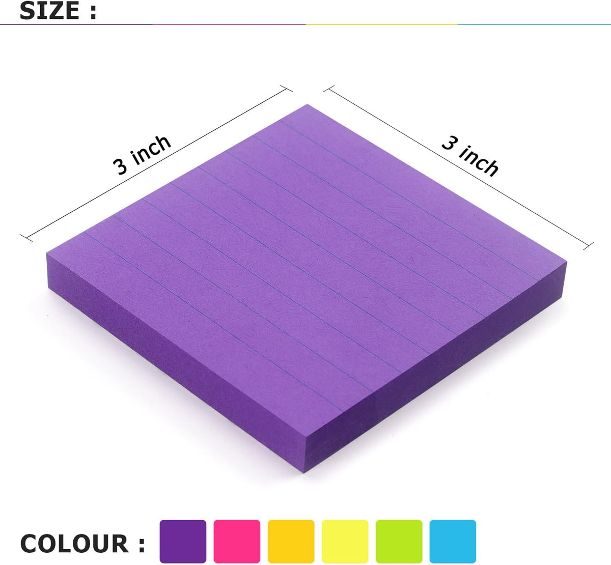 Lined Sticky Notes 3x3 in, 6 Bright Multi Colors,100 Sheet/Pad