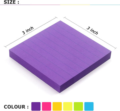 Lined Sticky Notes 3x3 in, 6 Bright Multi Colors,100 Sheet/Pad